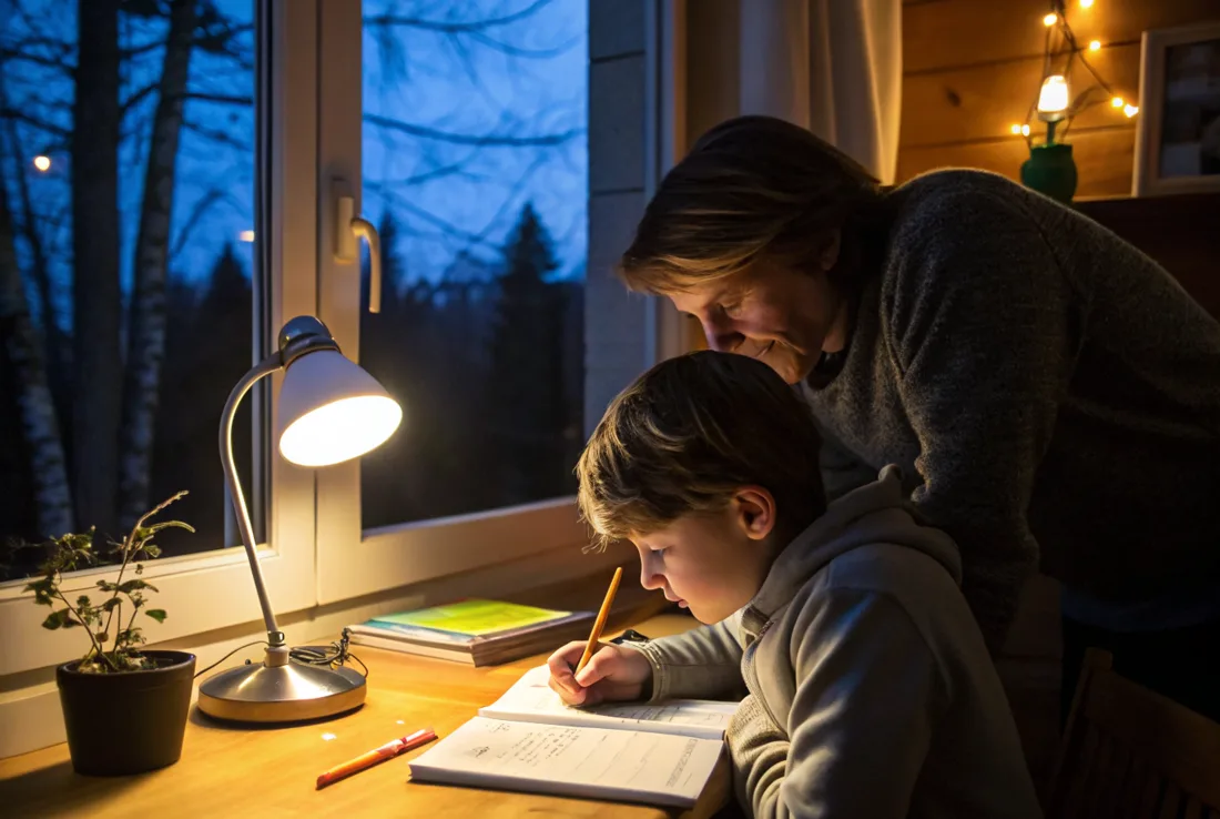 A child doing homework at a warm lamplit desk, a parent looking on