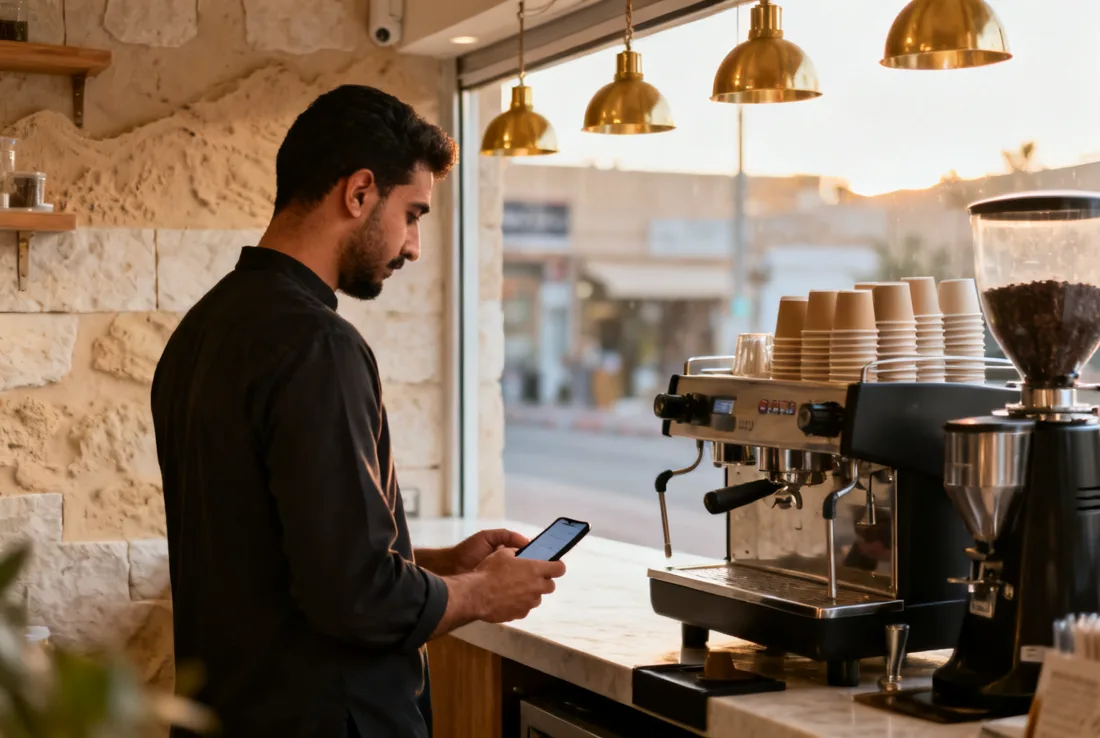 The owner of a small coffee shop checking a phone behind the counter in late afternoon light
