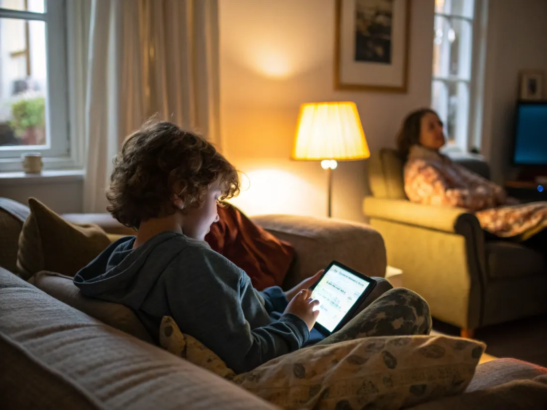 A child on a sofa with a tablet in a warm lamplit living room, a parent nearby