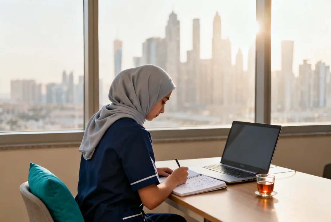 A doctor revising at a sunlit desk with a notebook and laptop, a city skyline beyond the window