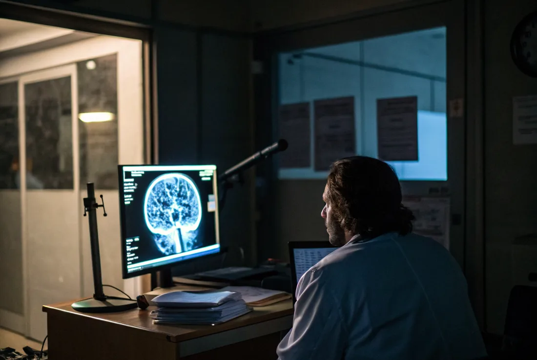 A radiologist at a reporting workstation in a dim reading room