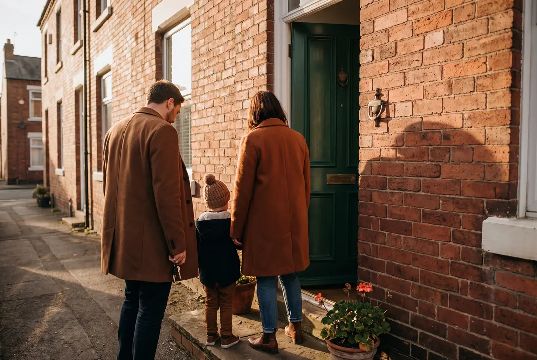 A family standing at the green front door of a British brick terraced house in evening light