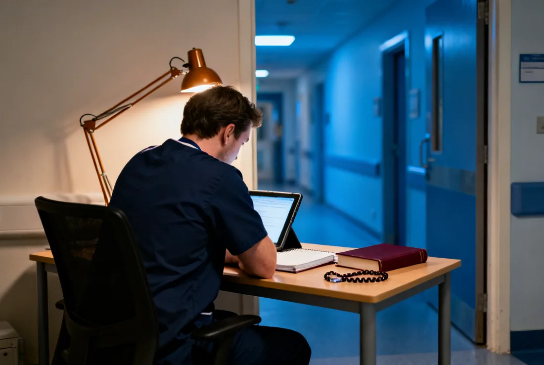 A hospital doctor revising alone at a desk in a quiet on-call room late at night