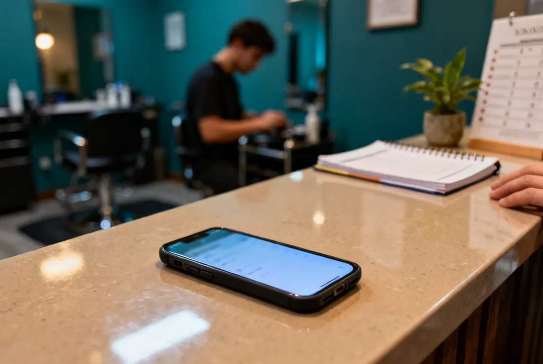 A phone glowing on the reception counter of a small salon in the evening