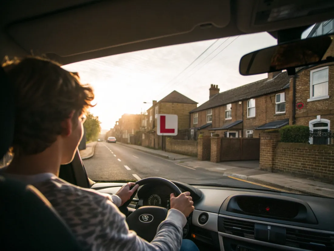 A learner driver at the wheel on a quiet British street in morning light, an L plate ahead