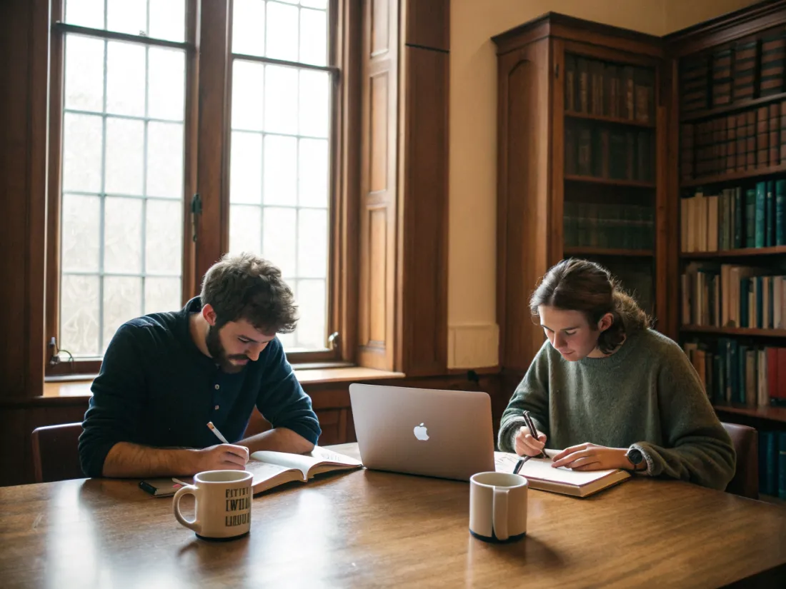 Two researchers writing together at a desk in a bright university study room